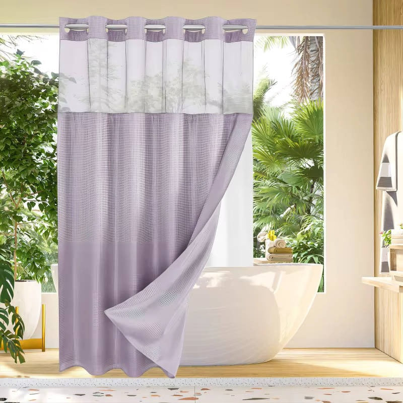 Waffle Weave Shower Curtain with Mesh Window & Snap-In Liner - Stylish Water-Resistant Bathroom Decor