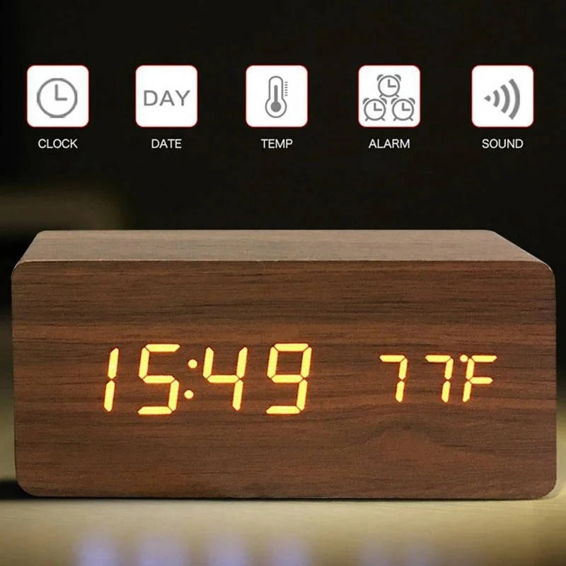 Digital Wood Grain Alarm Clock - 3 Adjustable Alarms & Brightness Settings | Stylish & Functional Design