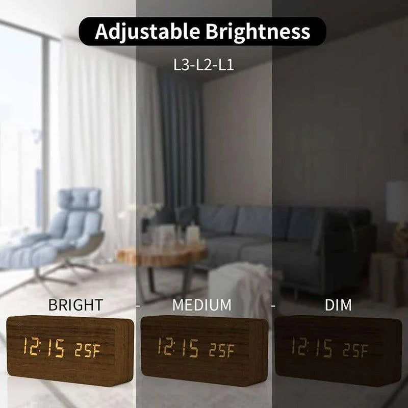 Digital Wood Grain Alarm Clock - 3 Adjustable Alarms & Brightness Settings | Stylish & Functional Design