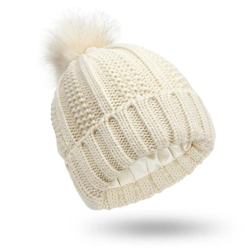 Silk Lined Pompom Beanie - Frizz Control & Static-Free Hair | Cozy Winter Hat for Women