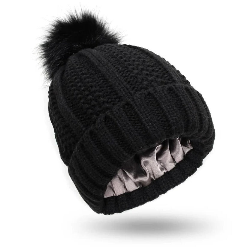 Silk Lined Pompom Beanie - Frizz Control & Static-Free Hair | Cozy Winter Hat for Women