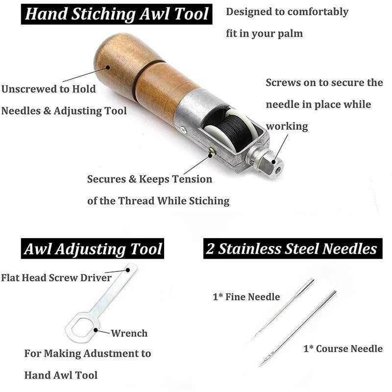 Premium Leather Stitching Awl Set - Includes Waxed Thread & Durable Steel Needles for DIY Leather Repair & Crafting Projects