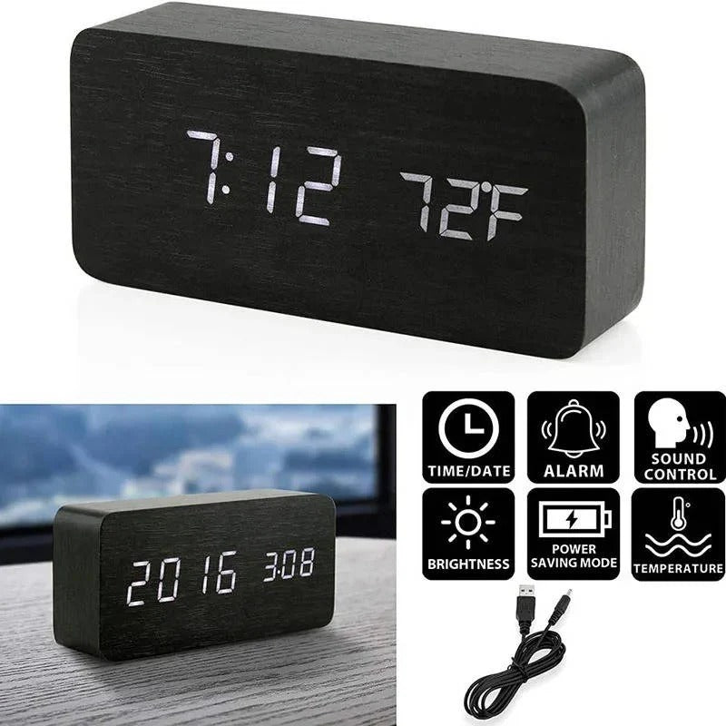 Digital Wood Grain Alarm Clock - 3 Adjustable Alarms & Brightness Settings | Stylish & Functional Design