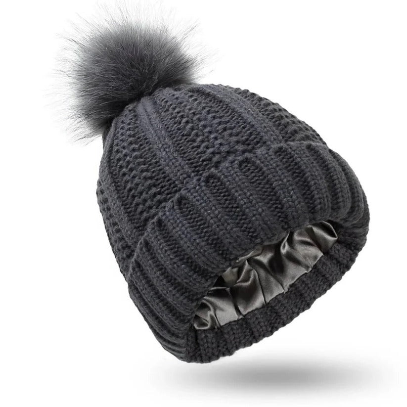 Silk Lined Pompom Beanie - Frizz Control & Static-Free Hair | Cozy Winter Hat for Women