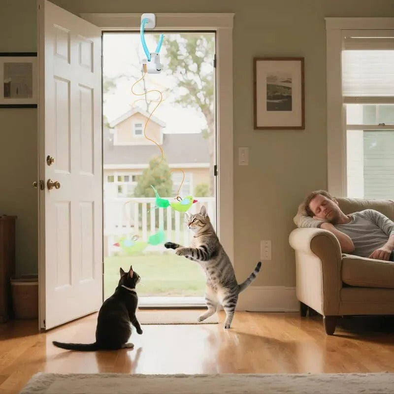 Automatic Rotating Feather Cat Toy with Clip Mount & Timer – Engaging Interactive Play for Cats