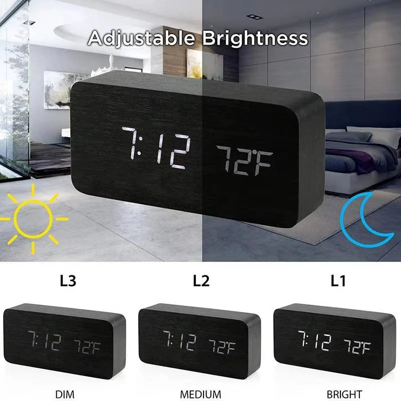 Digital Wood Grain Alarm Clock - 3 Adjustable Alarms & Brightness Settings | Stylish & Functional Design