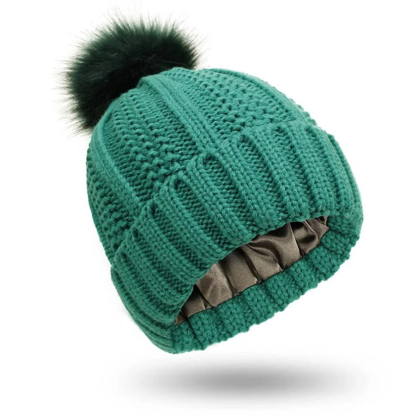Silk Lined Pompom Beanie - Frizz Control & Static-Free Hair | Cozy Winter Hat for Women