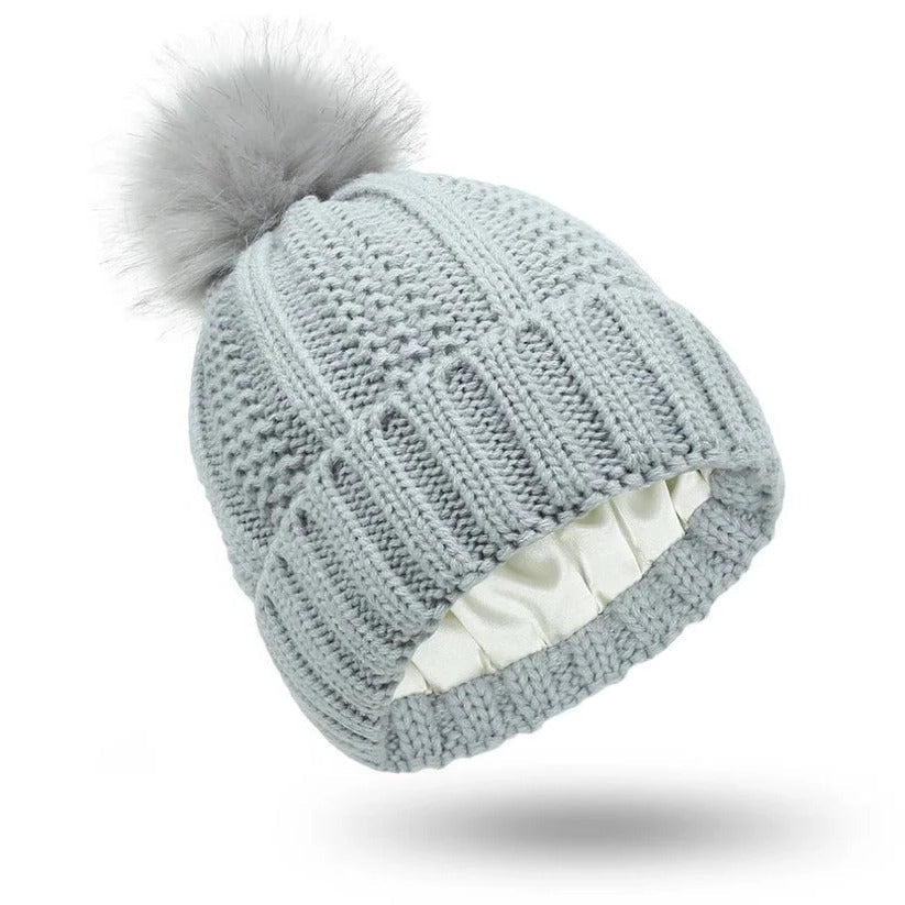 Silk Lined Pompom Beanie - Frizz Control & Static-Free Hair | Cozy Winter Hat for Women