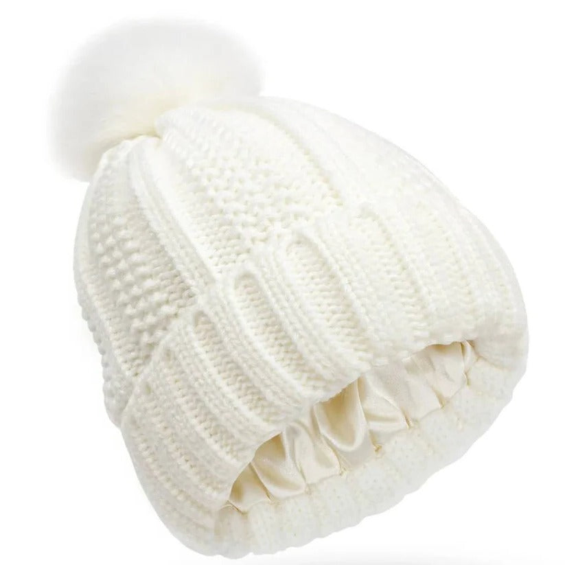 Silk Lined Pompom Beanie - Frizz Control & Static-Free Hair | Cozy Winter Hat for Women