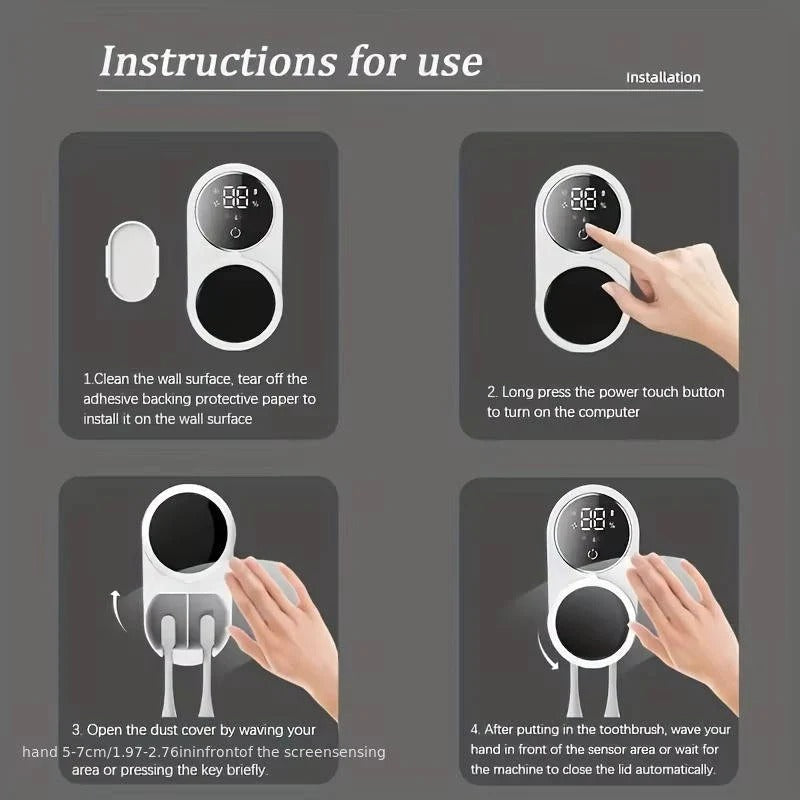 Touchless Sensor Wall Mount UV Toothbrush Holder & Organizer - Hygienic, Space-Saving Design