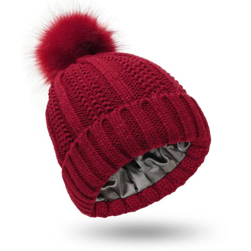 Silk Lined Pompom Beanie - Frizz Control & Static-Free Hair | Cozy Winter Hat for Women