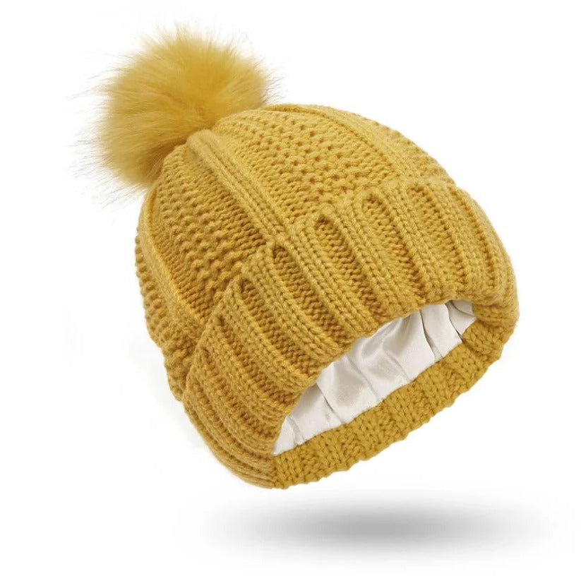Silk Lined Pompom Beanie - Frizz Control & Static-Free Hair | Cozy Winter Hat for Women
