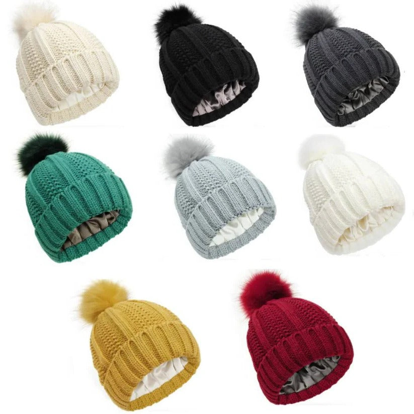 Silk Lined Pompom Beanie - Frizz Control & Static-Free Hair | Cozy Winter Hat for Women