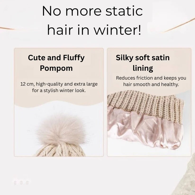 Silk Lined Pompom Beanie - Frizz Control & Static-Free Hair | Cozy Winter Hat for Women