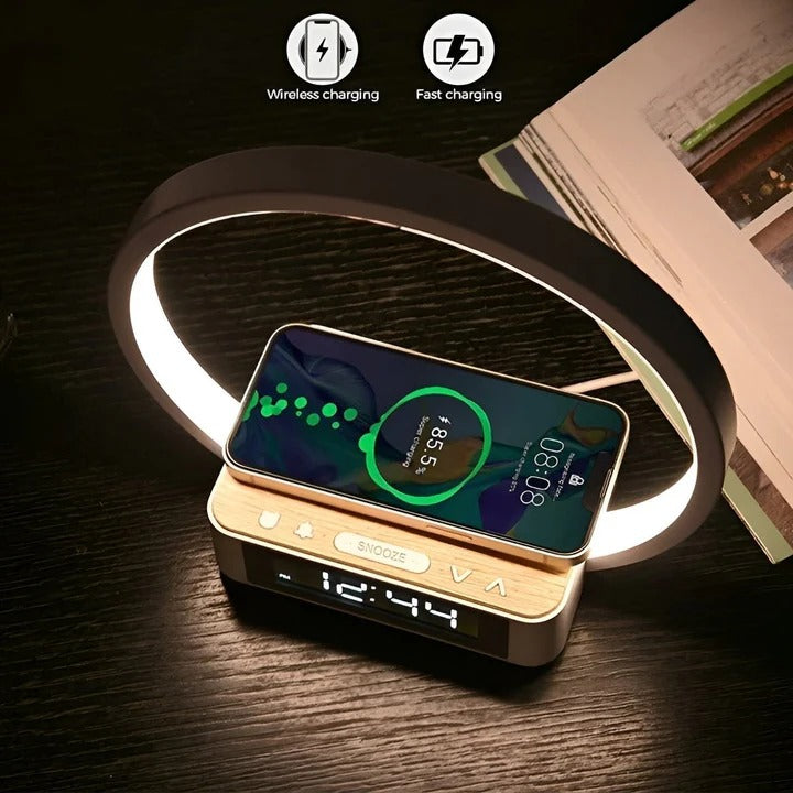 3-in-1 Bedside Table Lamp with Wireless Charging, Digital Alarm Clock & USB Port - Modern Nightstand Light