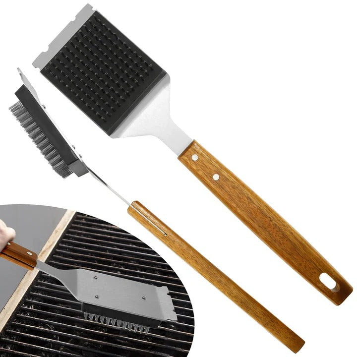 2-Piece Grill Cleaning Brush Set with Durable Wooden Handle & Heavy-Duty Metal Scraper Head for Effortless BBQ Cleaning