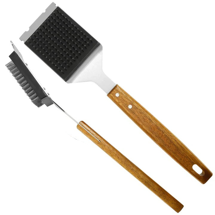 2-Piece Grill Cleaning Brush Set with Durable Wooden Handle & Heavy-Duty Metal Scraper Head for Effortless BBQ Cleaning