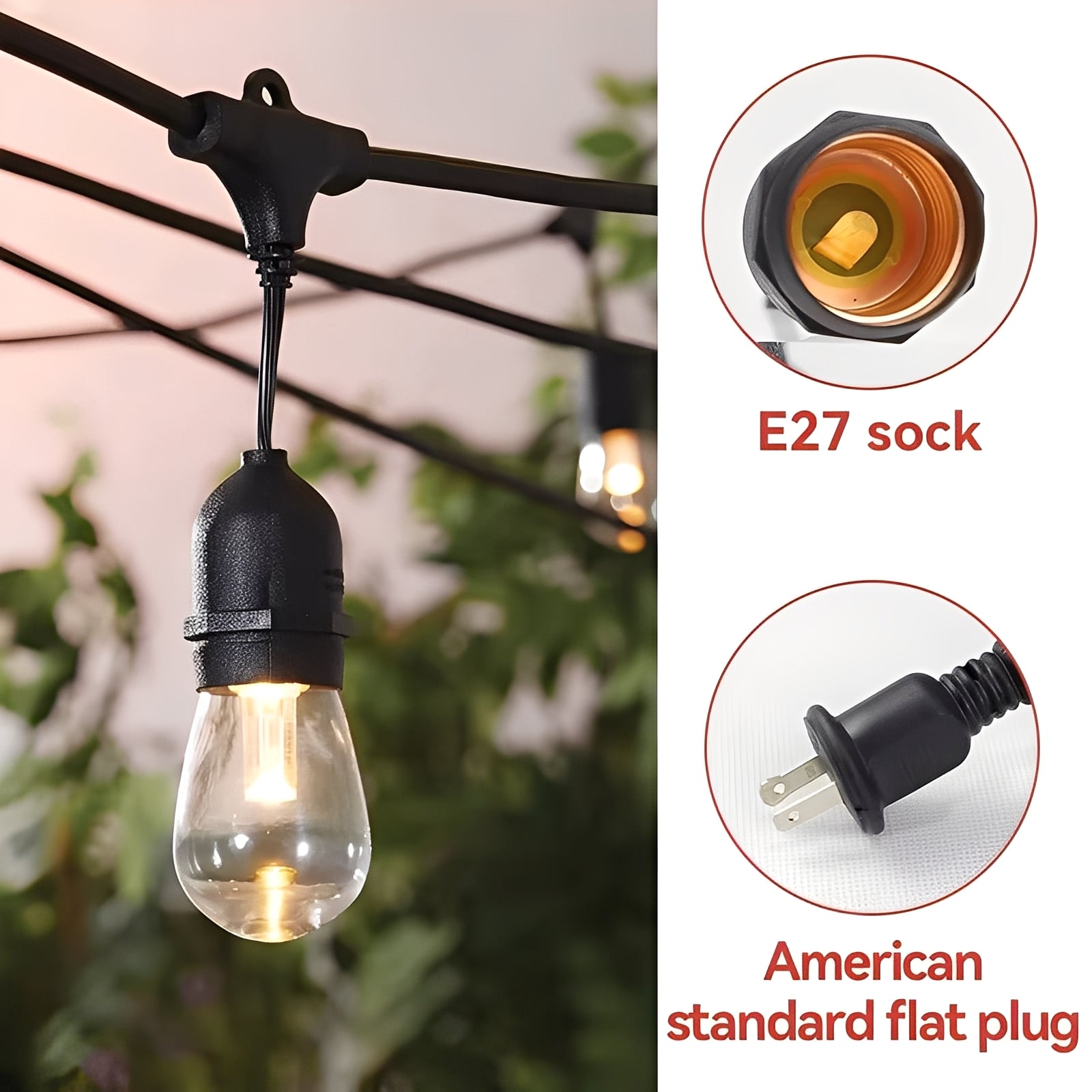 Outdoor LED String Lights with E27 Sockets - 220V Waterproof Patio Lighting for Gardens, Decks, and Events