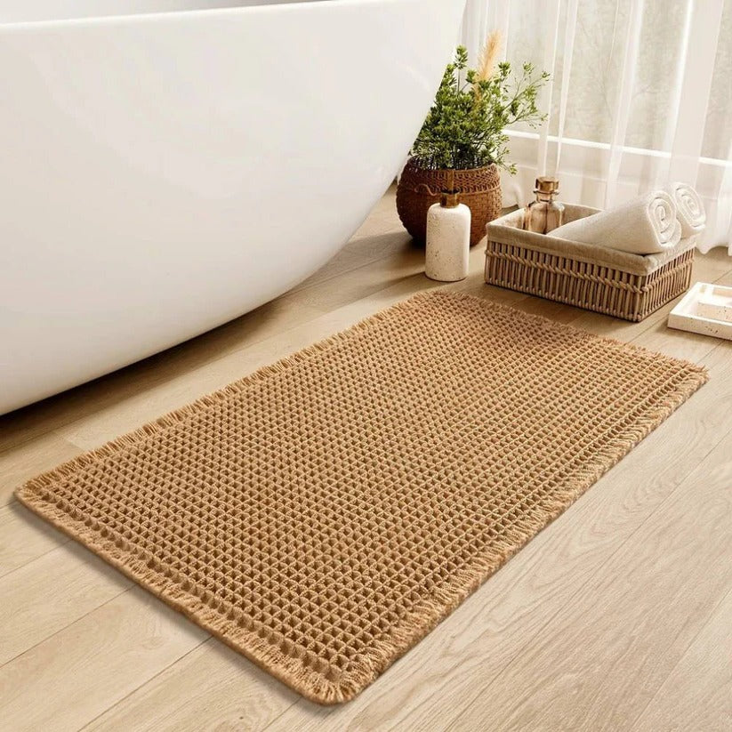 Soft & Stylish Machine Washable Bath Mat with Tassels | Non-Slip Backing for Safety & Comfort