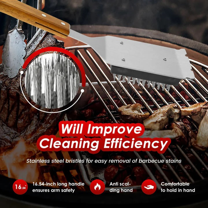 2-Piece Grill Cleaning Brush Set with Durable Wooden Handle & Heavy-Duty Metal Scraper Head for Effortless BBQ Cleaning