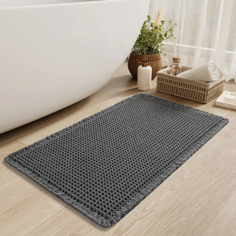 Soft & Stylish Machine Washable Bath Mat with Tassels | Non-Slip Backing for Safety & Comfort