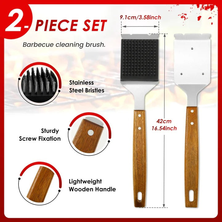 2-Piece Grill Cleaning Brush Set with Durable Wooden Handle & Heavy-Duty Metal Scraper Head for Effortless BBQ Cleaning