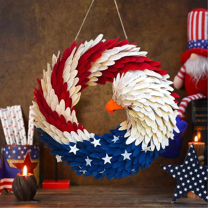 Handcrafted Wooden Patriotic Eagle Wreath - Perfect Independence Day Decor for 4th of July Celebrations