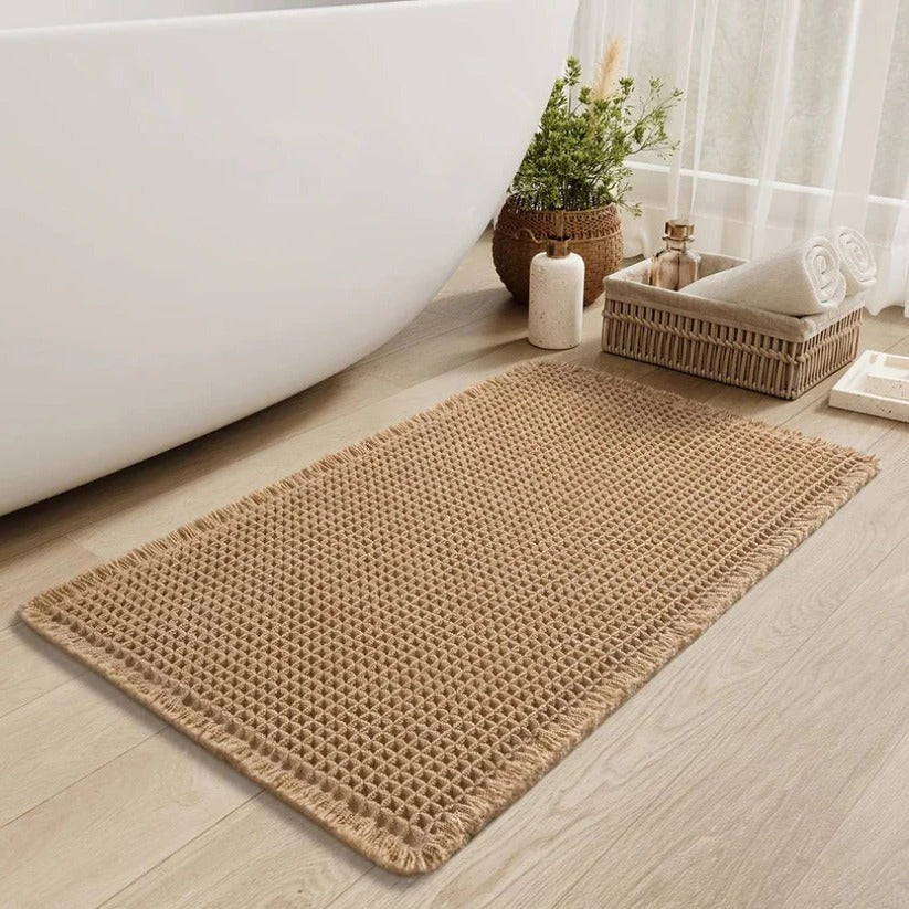 Soft & Stylish Machine Washable Bath Mat with Tassels | Non-Slip Backing for Safety & Comfort