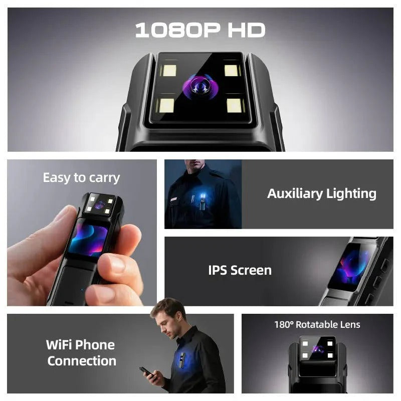 1080P Wearable Body Camera - Night Vision, Motion Detection, Wide Angle Rotatable Lens for Enhanced Security