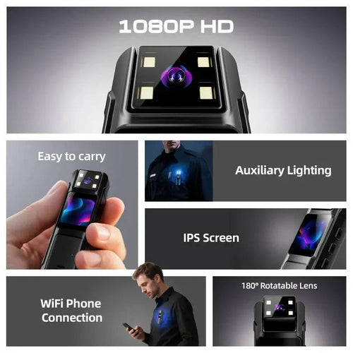 1080P Wearable Body Camera - Night Vision, Motion Detection, Wide Angle Rotatable Lens for Enhanced Security