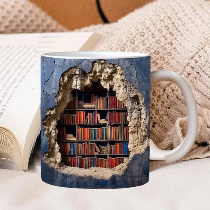 3D Bookshelf Design Ceramic Coffee Mug - Unique Literary Gift for Book Lovers