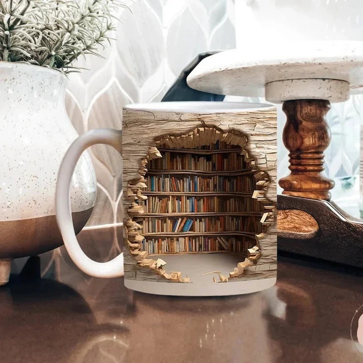 3D Bookshelf Design Ceramic Coffee Mug - Unique Literary Gift for Book Lovers