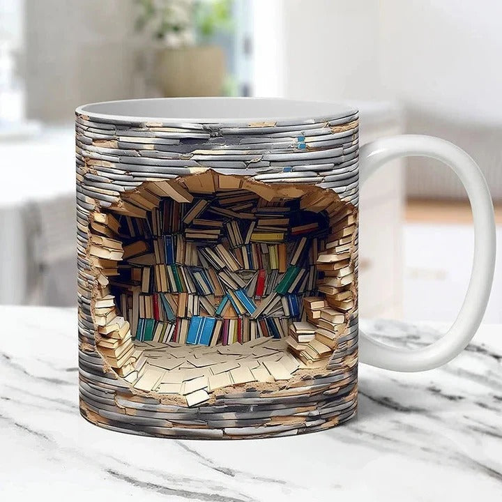 3D Bookshelf Design Ceramic Coffee Mug - Unique Literary Gift for Book Lovers