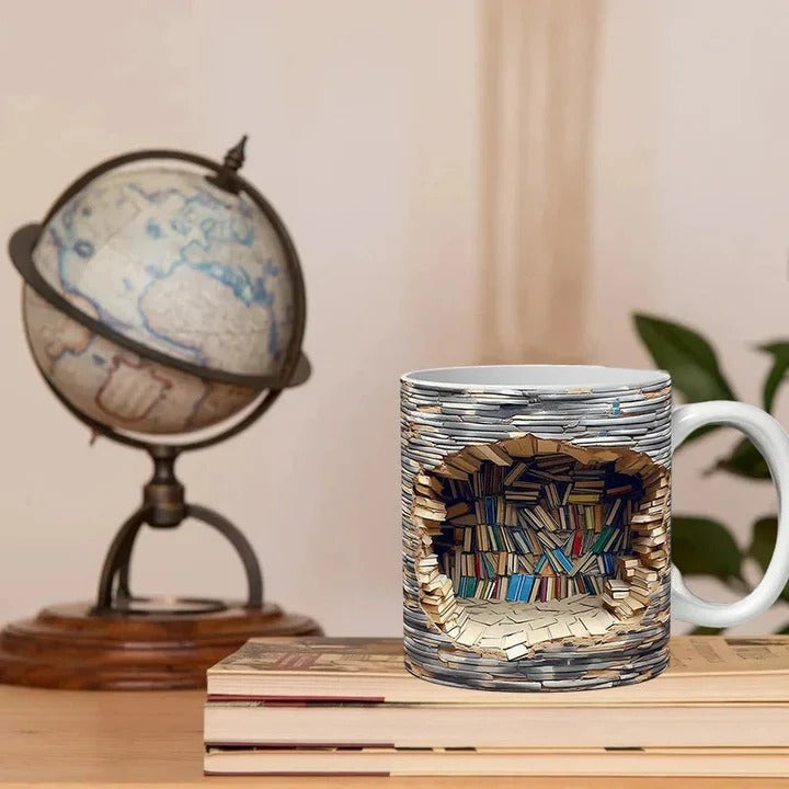 3D Bookshelf Design Ceramic Coffee Mug - Unique Literary Gift for Book Lovers