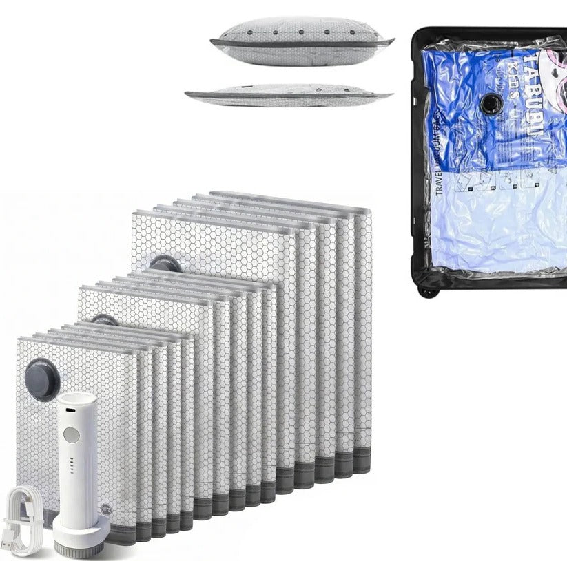 15-Piece Cordless Vacuum Compression Bag Set with Hand Pump - Ideal for Travel & Space Saving