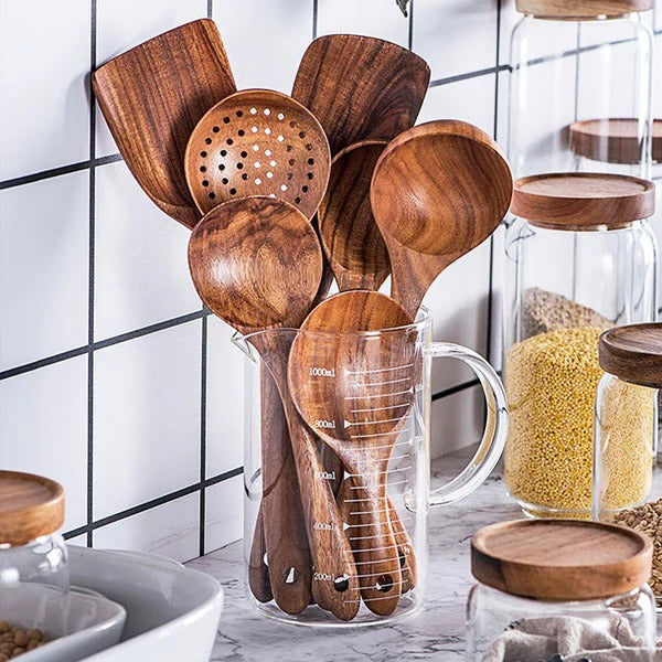 Premium 8-Piece Solid Teak Wood Cooking Utensil Set – Durable, Eco-Friendly Kitchen Tools for Cooking & Serving