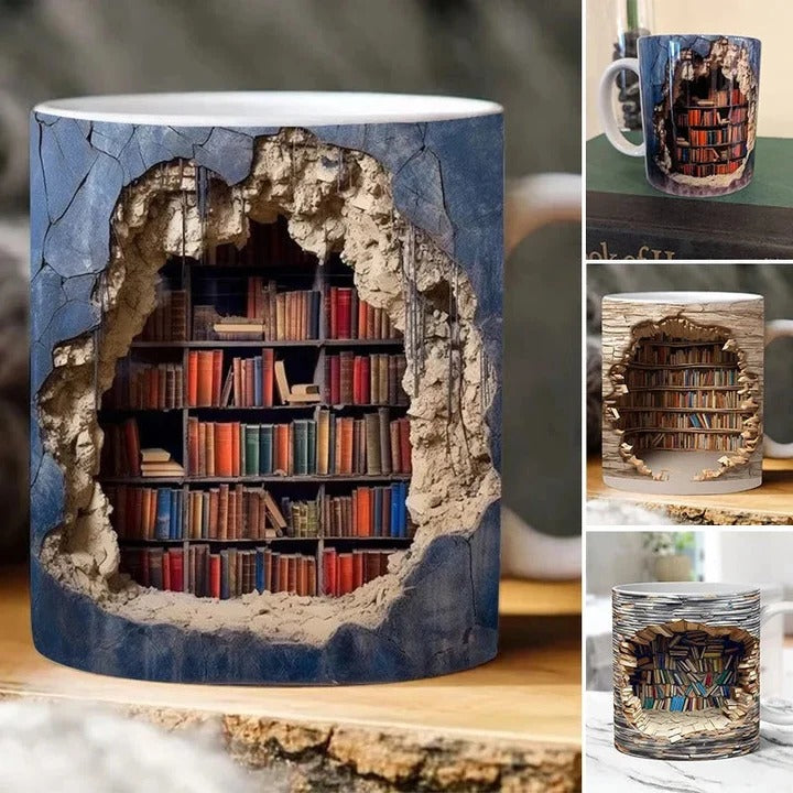 3D Bookshelf Design Ceramic Coffee Mug - Unique Literary Gift for Book Lovers