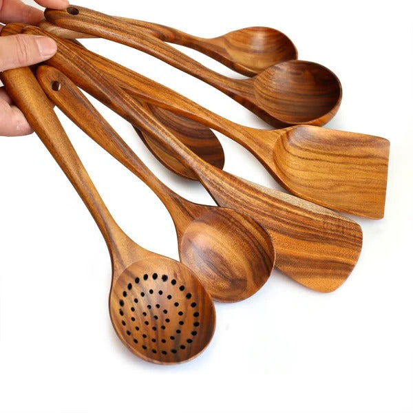 Premium 8-Piece Solid Teak Wood Cooking Utensil Set – Durable, Eco-Friendly Kitchen Tools for Cooking & Serving