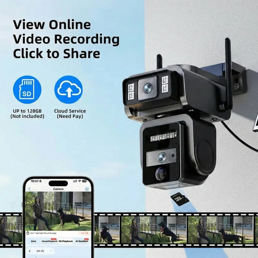 Solar-Powered Wireless Security Camera with Auto Tracking, Dual Lens, Two-Way Audio & Night Vision - Smart Home Surveillance Solution