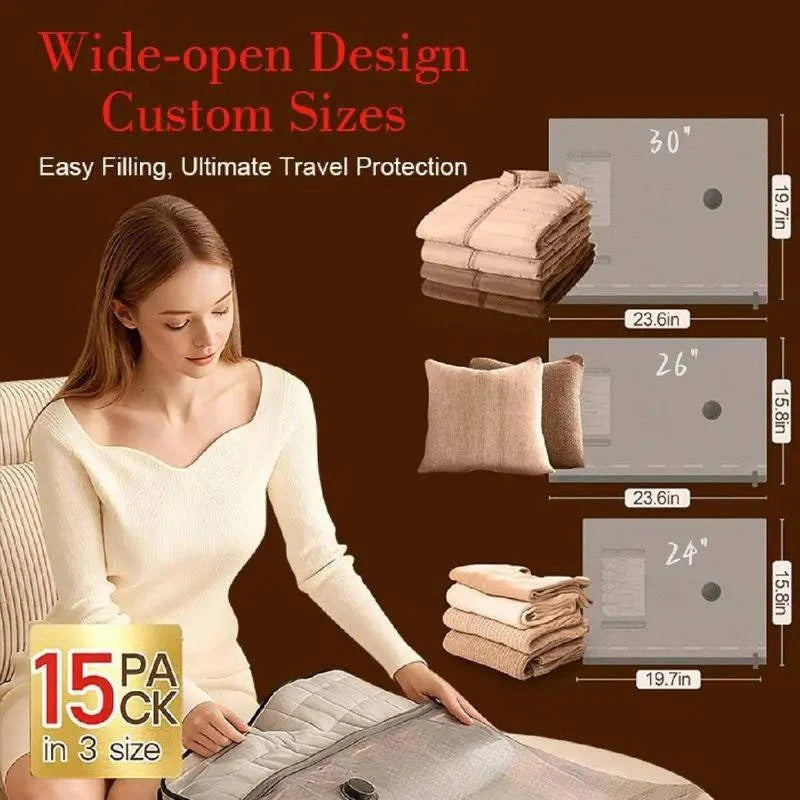 15-Piece Cordless Vacuum Compression Bag Set with Hand Pump - Ideal for Travel & Space Saving