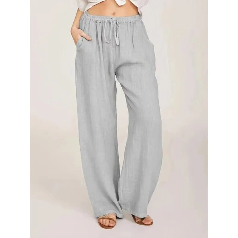 Women's Wide Leg Linen Blend Pants - Comfortable Elastic Waist & Functional Pockets
