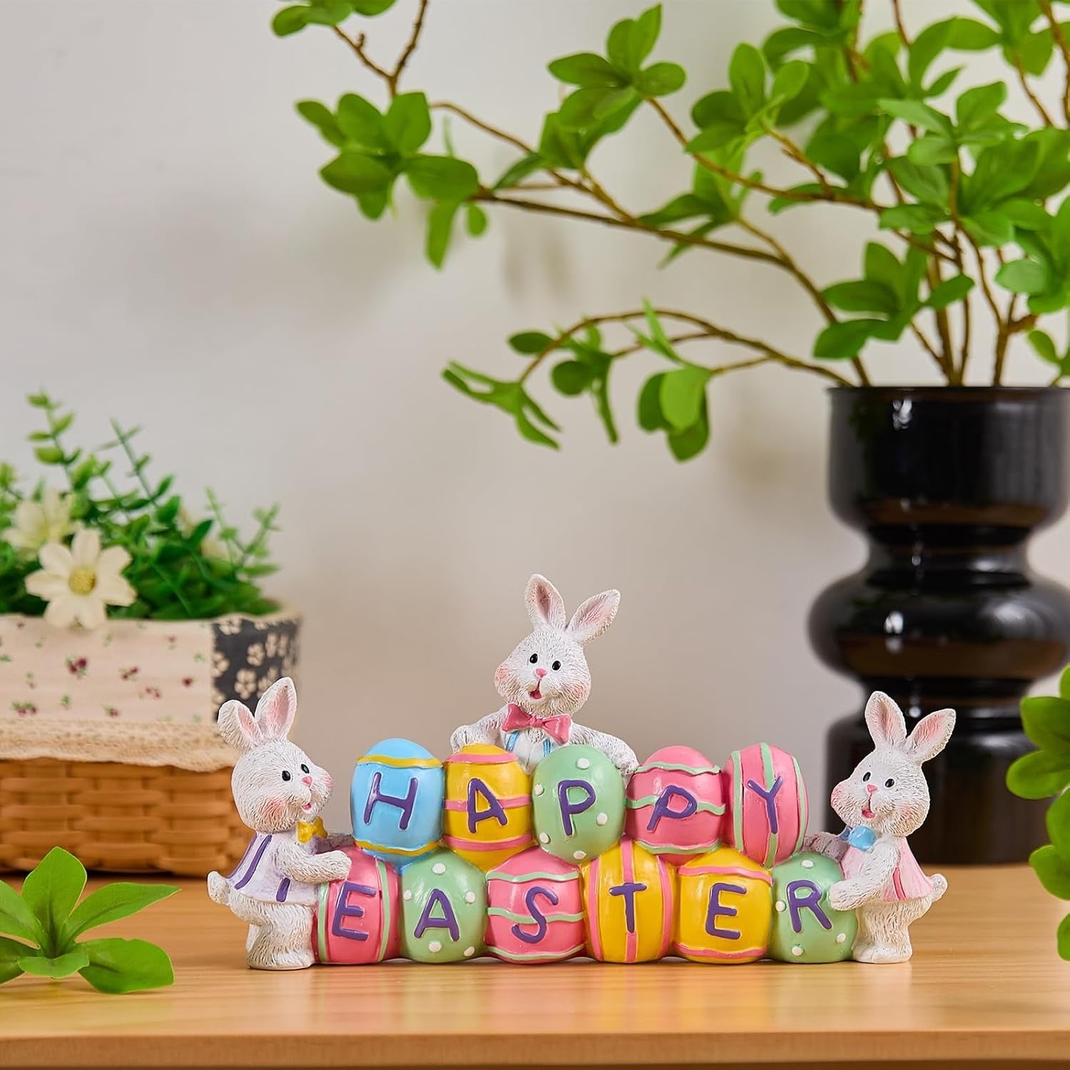 Hand-Painted Easter Bunny Centerpiece with Colorful Eggs - 4.7in Resin Decoration for Spring Celebrations