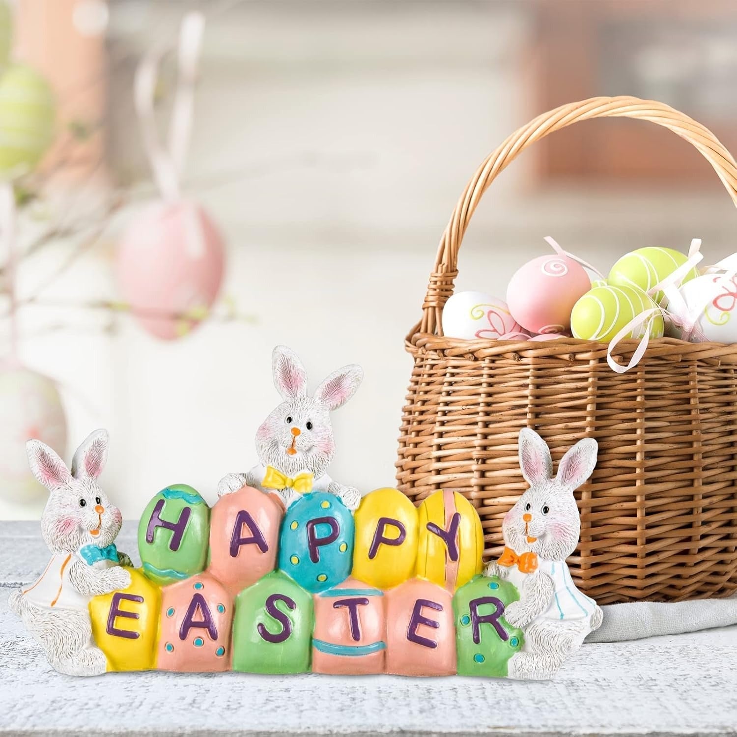 Hand-Painted Easter Bunny Centerpiece with Colorful Eggs - 4.7in Resin Decoration for Spring Celebrations