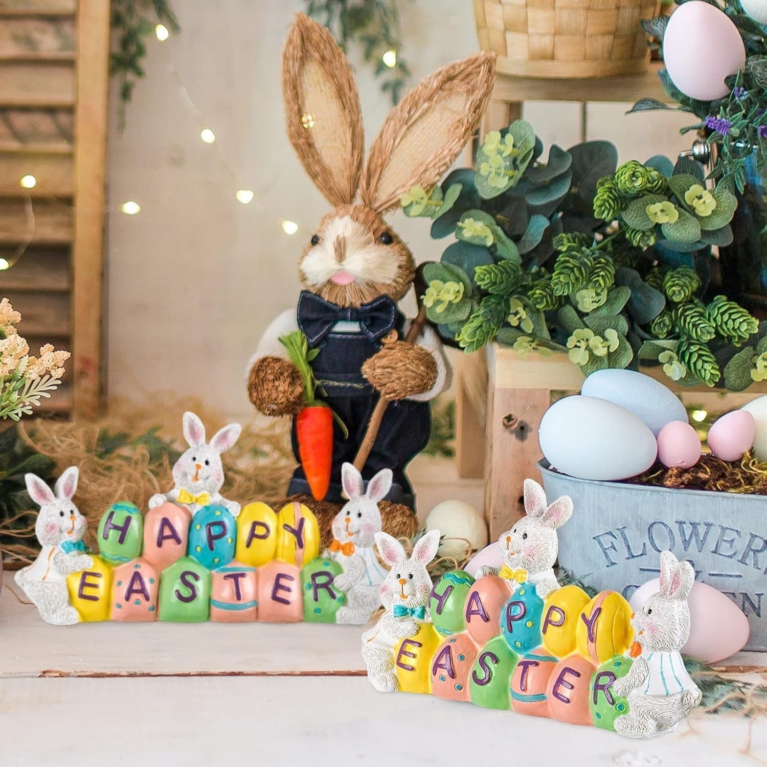Hand-Painted Easter Bunny Centerpiece with Colorful Eggs - 4.7in Resin Decoration for Spring Celebrations