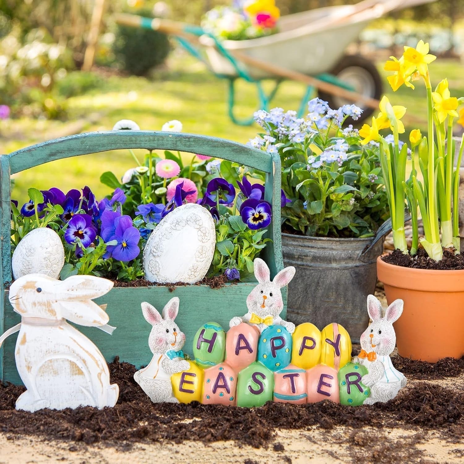 Hand-Painted Easter Bunny Centerpiece with Colorful Eggs - 4.7in Resin Decoration for Spring Celebrations