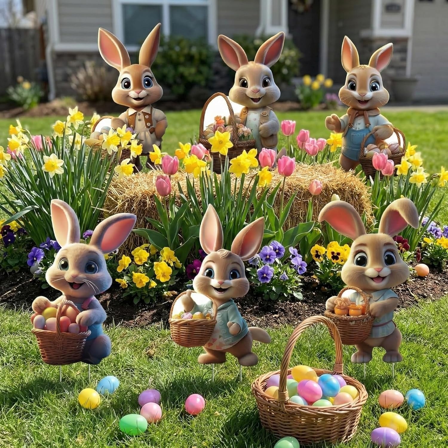 Set of 6 Outdoor Easter Bunny Yard Signs with Ground Stakes - Festive Spring Decor for Lawn and Garden