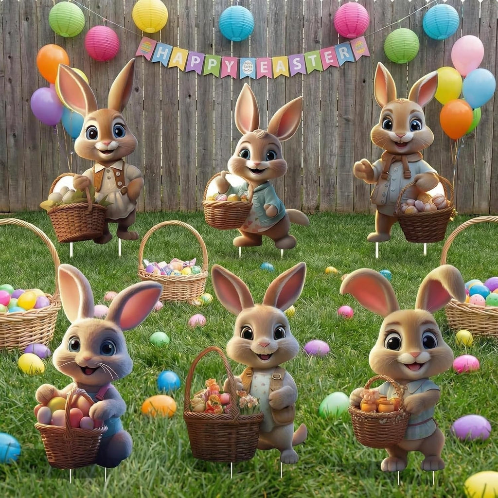Set of 6 Outdoor Easter Bunny Yard Signs with Ground Stakes - Festive Spring Decor for Lawn and Garden