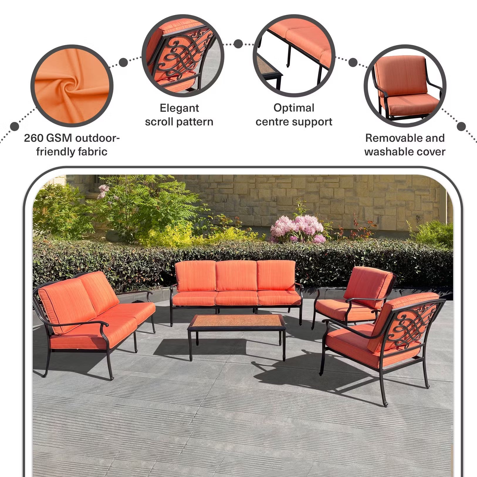 Auresta 5-Piece Outdoor Sofa Set - Vibrant Orange with Stylish Coffee Table - Perfect for Patios & Backyards