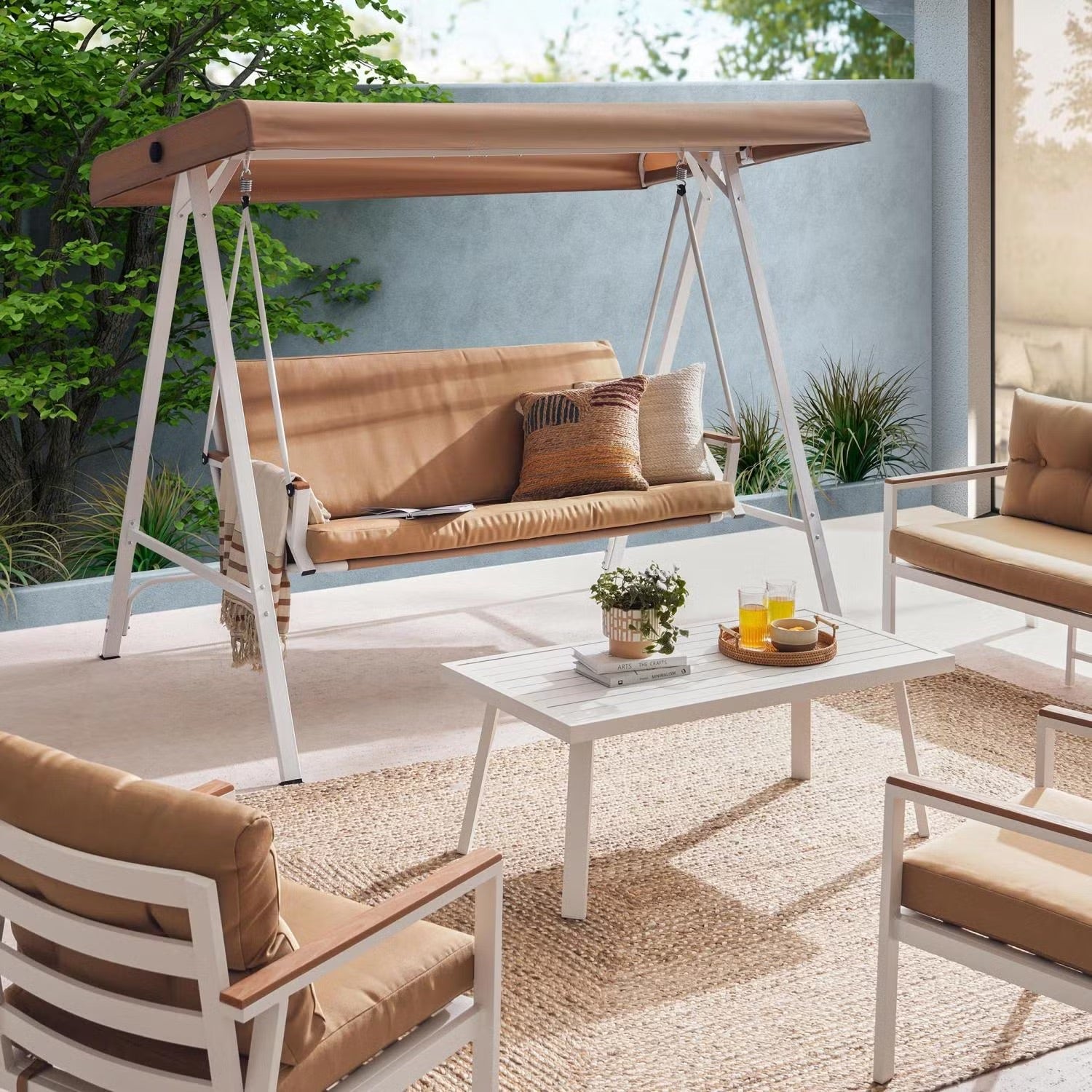 Averra 3-Seater Outdoor Swing Chair with Canopy - Brown Steel Frame & Cushions for Ultimate Comfort