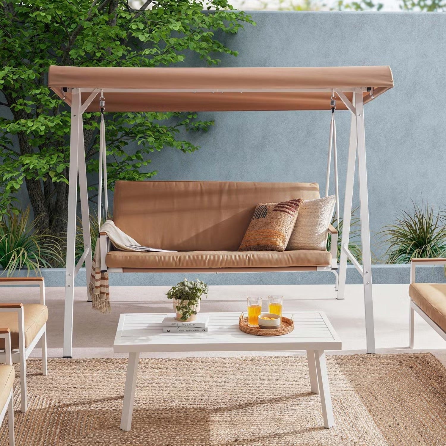 Averra 3-Seater Outdoor Swing Chair with Canopy - Brown Steel Frame & Cushions for Ultimate Comfort